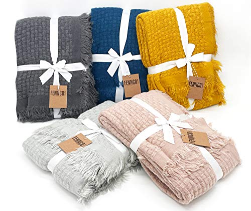 Fennco Styles Waffle Weave Solid Lightweight Throw Blanket with Fringe 50" W x 60" L - Slate Blanket for Sofa, Couch, Living Room and Bedroom Décor