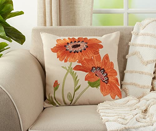 Fennco Styles Le Tournesol Embroidered Sunflower Decorative Throw Pillow, Filler Included, 18-Inch Square - Red Flower Cotton Linen Pillow for Home, Couch, Living Room and Bedroom Décor