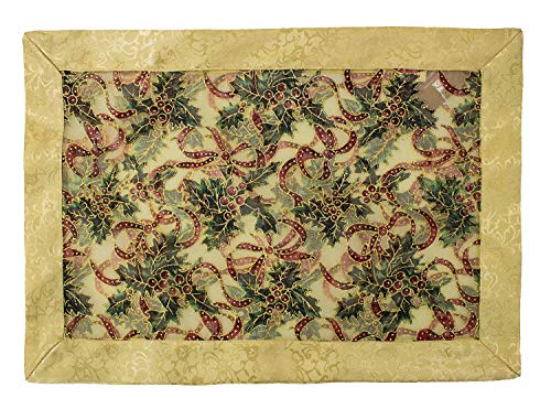 Fennco Styles Holly Ribbon Holiday Christmas Sheer Tablecloth - Gold Satin Border and Tassels Table Cover for Family Dinner, Banquets, Special Events and Home Decor