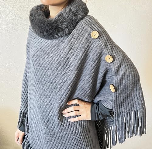 stylesilove Women Solid Knitted Faux Fur Collar Poncho with Fringe Pullover Cardigan Soft Wrap for Fall Winter Seasons