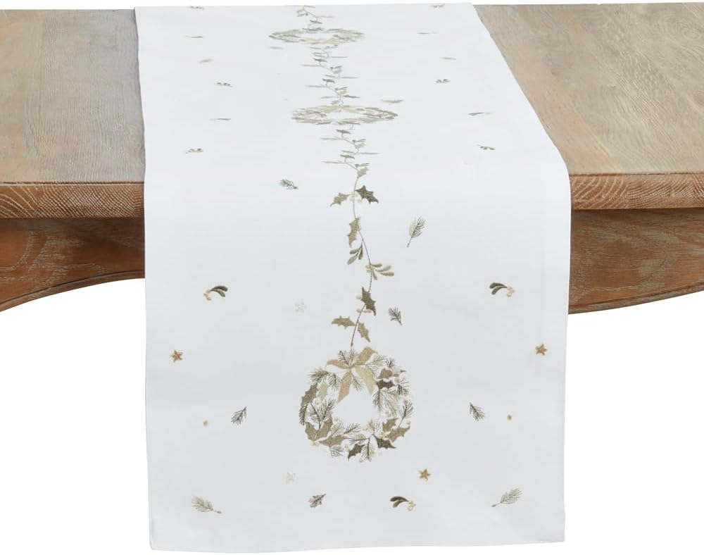 Fennco Styles Embroidered Wreath Christmas Table Runner 16" X 70" - White Festive Table Cover for Winter Holidays Décor, Dining Table, Banquet, Family Gathering, and Special Occasions