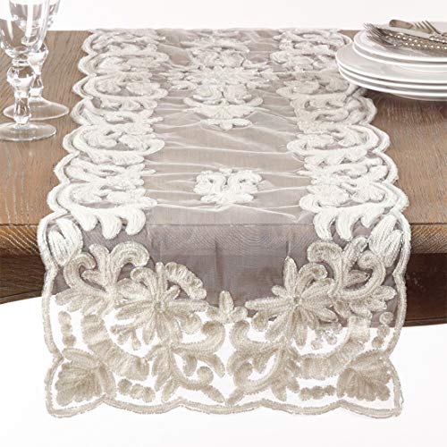 Fennco Styles Hand Beaded & Embroidered Elegant Table Runner - Ivory Table Cover for Home, Dining Room, Banquets, Wedding, Holiday and Special Events