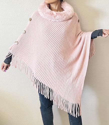stylesilove Women Solid Knitted Faux Fur Collar Poncho with Fringe Pullover Cardigan Soft Wrap for Fall Winter Seasons