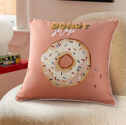 Fennco Styles Cute Embroidered Donut Design Throw Pillow Cover 18" W x 18" L - White Novelty Cushion Case for Home, Couch, Sofa, Bedroom, Kids Room, Playroom and Office Décor