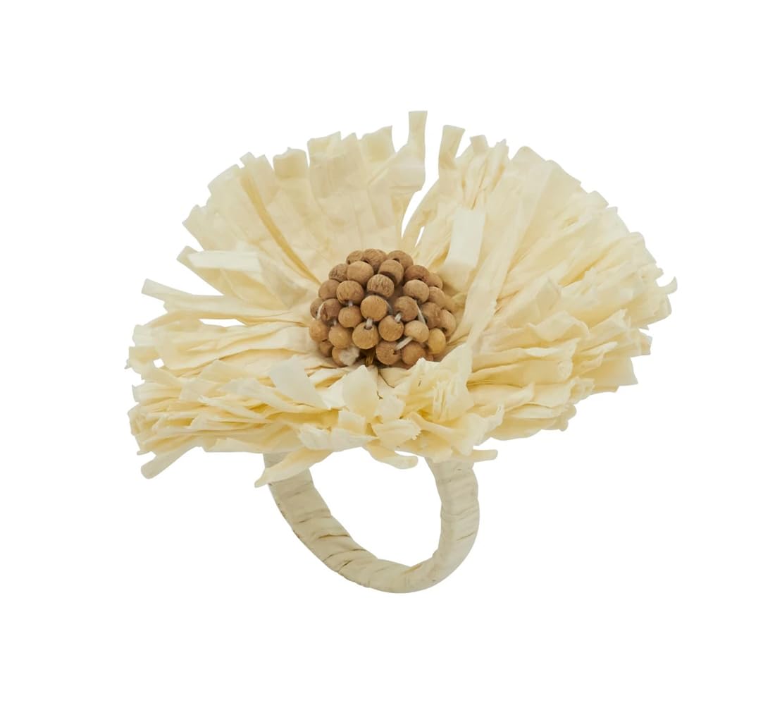 Fennco Styles Handmade Raffia Flower Decorative Napkin Rings, Set of 4 - White Rustic Floral Napkin Holders for Dining Table, Banquet, Spring and Summer Décor and Special Events