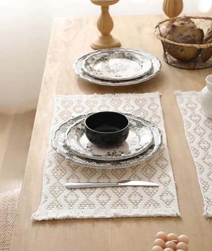 Fennco Styles Modern Diamond Woven Placemats 12" W x 19" L, Set of 4 - Grey Geometric Fringe Table Mats for Dining Room, Banquets, Family Gatherings, and Holidays