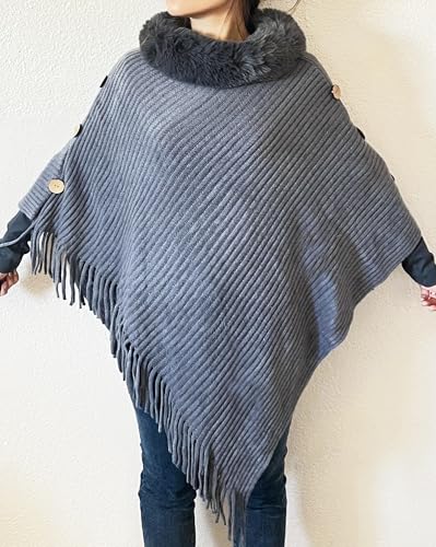 stylesilove Women Solid Knitted Faux Fur Collar Poncho with Fringe Pullover Cardigan Soft Wrap for Fall Winter Seasons