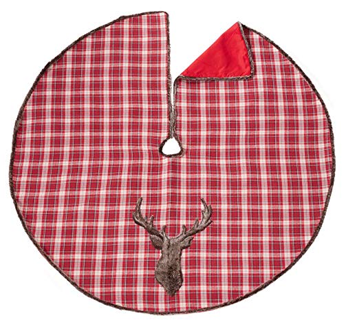 Fennco Styles Faux Fur Reindeer Christmas Plaid Tree Skirt 54 x 54 Inch - Red Tree Skirt for Home, Holiday Decor, Special Occasion