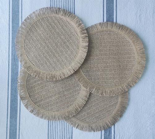 Fennco Styles Woven Round Fringe Solid Color Placemats 14" Round, Set of 4