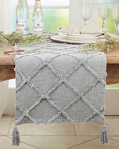 Fennco Styles Modern Diamond Tufted Cotton Table Runner 16" W x 72" L - Grey Geometric Rectangular Table Cover for Boho Décor, Dining Table, Banquets, Family Gathering and Special Events