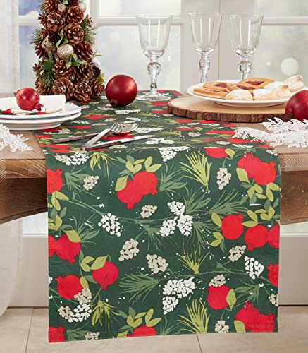 Fennco Styles Pomegranate Design Holiday Table Runner 16" W X 54" L - Red & Green Harvest Table Cover for Christmas, Seasonal Décor, Banquet, Family Gathering and Special Events