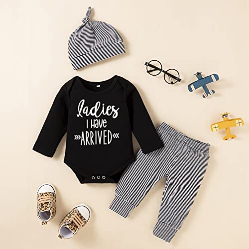 stylesilove Infant Baby Boys Black Romper Letter Printed Long Sleeve Bodysuit, Striped Pants & Hat 3pcs Cotton Outfit