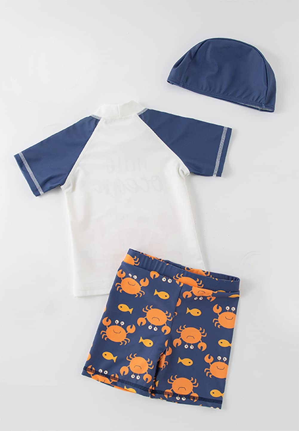Styles I Love Kid Boys Hello Ocean & Crab Short Sleeve Rash Guard Set and Hat 3pcs White Swimsuit Beach Bathing Suit