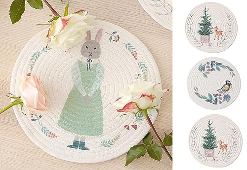 Fennco Styles Rabbit & Botanical Print Cotton Blend Woven Placemats 12" Round, Set of 4 - Cartoon Animal Design White Table Mats for Home Décor, Dining Table, Banquet, Holiday and Family Gathering