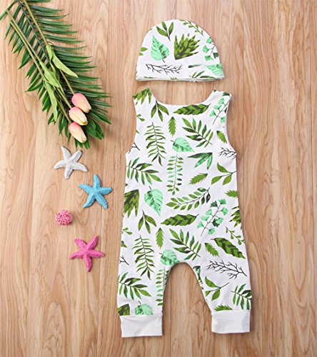 stylesilove Unisex Baby Leaves Pattern Sleeveless Cotton Romper with Hat 2 pcs Set