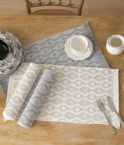 Fennco Styles Modern Diamond Woven Placemats 12" W x 19" L, Set of 4 - Grey Geometric Fringe Table Mats for Dining Room, Banquets, Family Gatherings, and Holidays