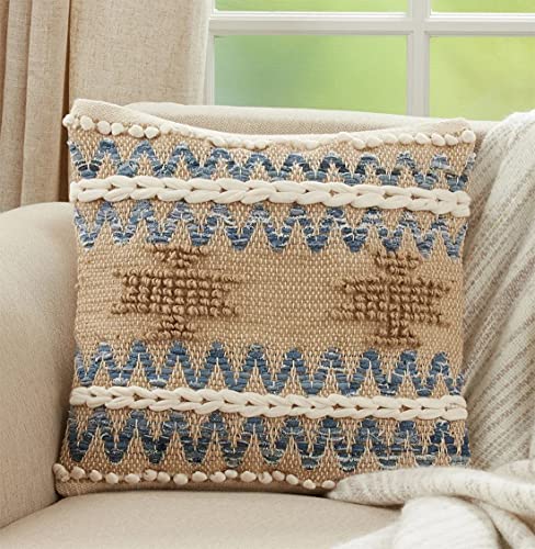 Fennco Styles Multi Texture Chindi Cotton Jute Decorative Throw Pillow 18" W x 18" L - Natural Square Cushion for Home, Couch, Living Room, Bedroom, Office and Holiday Décor