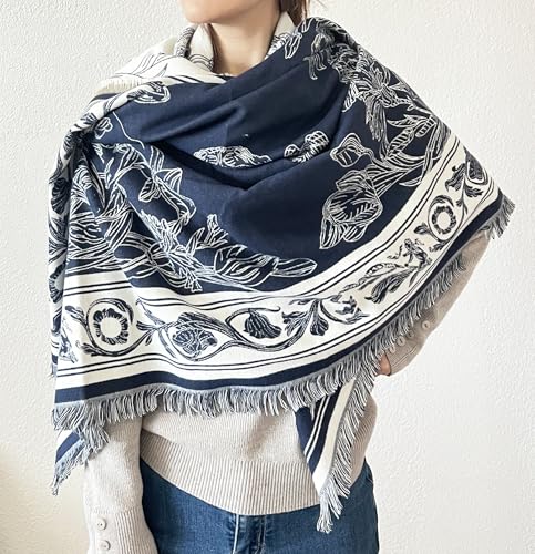 stylesilove Women Navy Blue Floral Reversible Cashmere Scarf Warm Ultra Soft Square Shawl Lightweight Wraps for Autumn and Winter