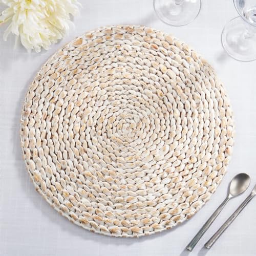Fennco Styles Foil Print Water Hyacinth Placemats 15" Round, Set of 4 - Silver Metallic Table Mats Heat Resistant Insulation for Home, Boho Décor, Dining Table, Banquets, Special Events