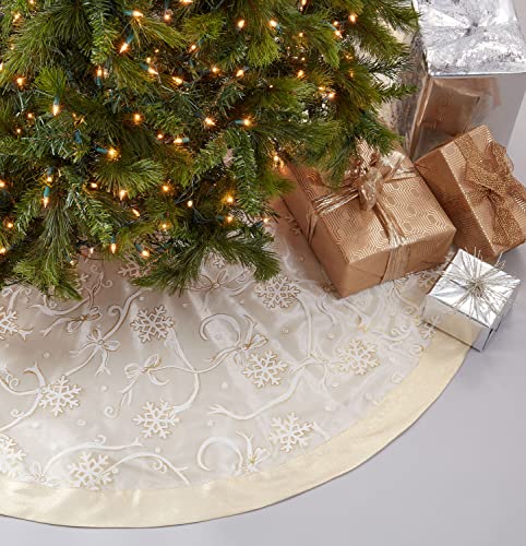 Fennco Styles Printed Snowflake & Ribbon Christmas Tree Skirt 52" Round - Gold Holiday Tree Skirt for for Home, Christmas Tree, Indoor Outdoor Decoration and Special Events