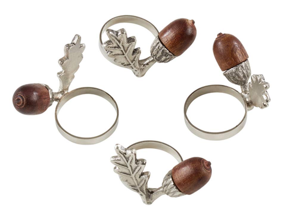Fennco Styles Classic Acorn Design Napkin Rings, Set of 4 - Silver Brass Napkin Holders for Home, Dining Room Decor, Banquets, Family Gatherings and Special Occasions