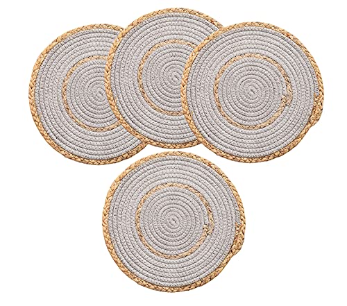 Fennco Styles Hand-Woven Rattan Cotton Rope Braided Placemats 12-Inch Round, Set of 4 - Heat Resistant Insulation Table Mats for Home, Boho Décor, Dining Table, Banquets and Special Events