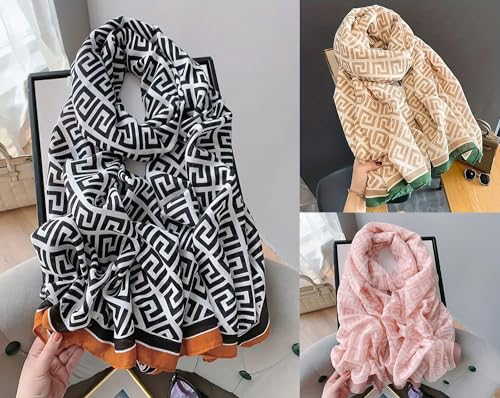 stylesilove Women Geometric Maze Print Scarf with Border Design Soft Shawl Scarves Neck Wraps for All Season, 3 Colors