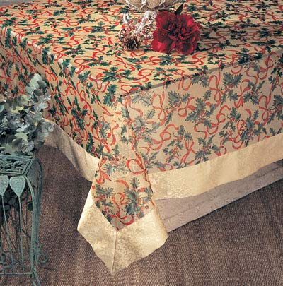 Fennco Styles Holly Ribbon Holiday Christmas Sheer Tablecloth - Gold Satin Border and Tassels Table Cover for Family Dinner, Banquets, Special Events and Home Decor