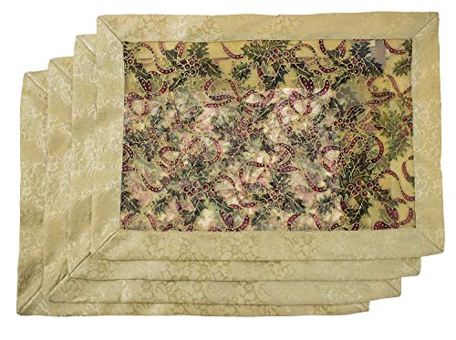 Fennco Styles Holly Ribbon Holiday Christmas Sheer Tablecloth - Gold Satin Border and Tassels Table Cover for Family Dinner, Banquets, Special Events and Home Decor