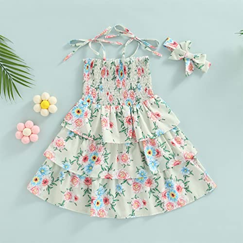stylesilove Baby Toddler Girls Floral Print Smocked Tiered Sleeveless Dress & Headband 2pcs Summer Ruffle Sundress Outfit