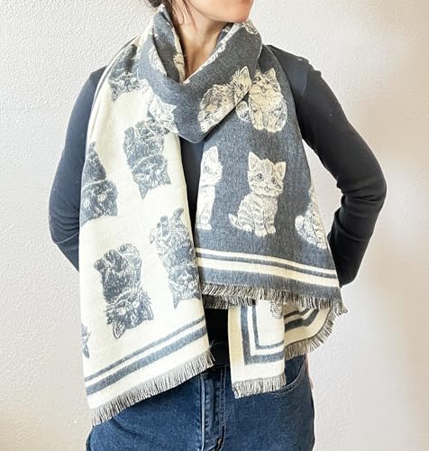 stylesilove Women Cute Kitten Print Cashmere Scarf Warm Ultra Soft Fringe Scarves Shawl Neck Wraps for Autumn and Winter
