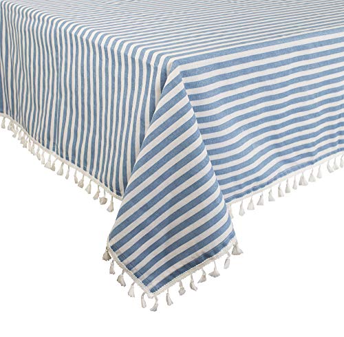 Fennco Styles Simply Striped Tassel Cotton Blend 55 x 55 Inch Tablecloth - Green Table Cover for Banquets, Holiday, Special Events, Outdoor and Home Décor