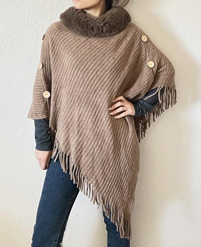 stylesilove Women Solid Knitted Faux Fur Collar Poncho with Fringe Pullover Cardigan Soft Wrap for Fall Winter Seasons