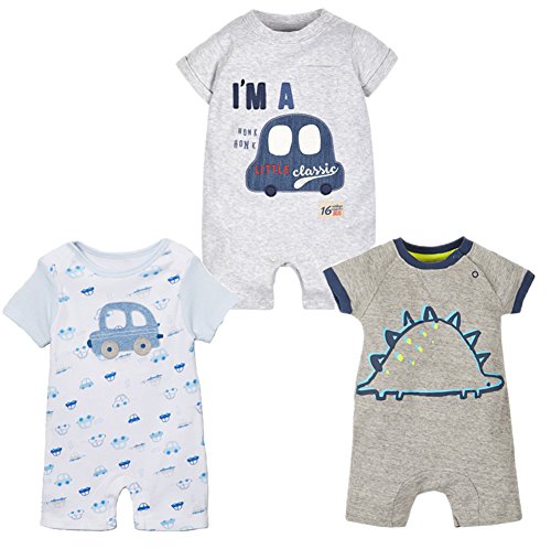 stylesilove Baby Boy Dinosaur Short Sleeve Grey Romper Cotton Graphic Print Jumpsuit Casual Summer Outfit