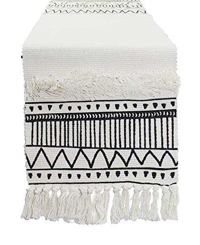Fennco Styles Ivory Boho Tribal Textured Table Runner with Tassels - Woven Diamond Cotton Blend Table Cover for Boho Décor, Dining Table, Banquets, Family Gatherings