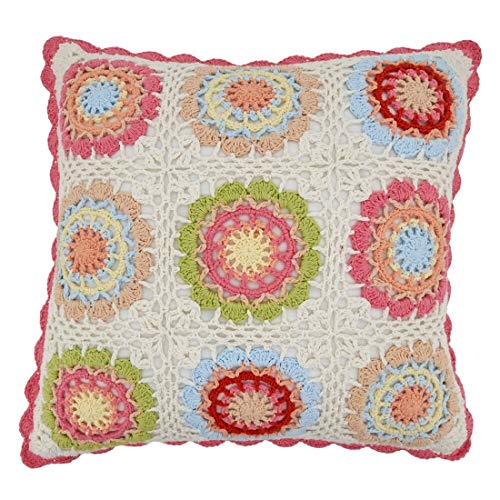 Fennco Styles Pastel Crochet Tiles 100% Pure Cotton Decorative Throw Pillow - 16-Inch Square Multicolored Cushion for Couch, Sofa, Kids Room, Office and Living Room Décor