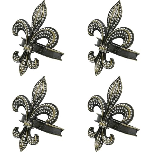 Fennco Styles Bejeweled Fleur De Lis Metal Napkin Rings, Set of 4 - Black Napkin Holders for Home Decor, Dining Table, Banquets, Family Gathering and Special Occasions