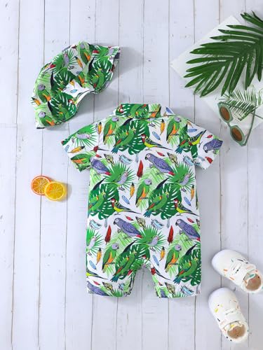 stylesilove Infant Baby Boys Green Tropical Parrot Print Short Sleeve Romper with Hat 2-Piece Summer Outfit