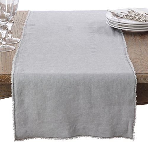 Fennco Styles Stonewashed with Fringe Border Table Runner 16" W x 72" L - 100% Linen Solid Color Table Cover for Home, Dining Table Décor, Holidays, Banquets, and Special Occasions