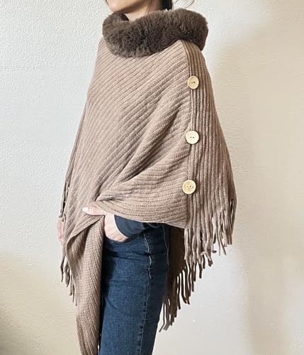stylesilove Women Solid Knitted Faux Fur Collar Poncho with Fringe Pullover Cardigan Soft Wrap for Fall Winter Seasons