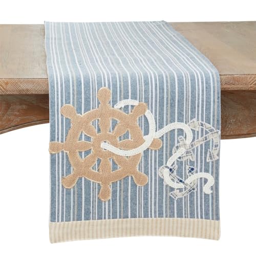 Fennco Styles Navy Blue Helm & Anchor Table Runner 14" W x 72" – Nautical Design Table Runner for Home, Seaside Dining, Beach House, Themed Party Décor and Special Events