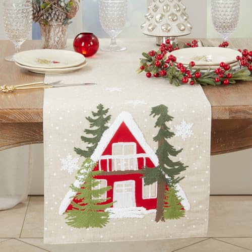 Fennco Styles Snow House Christmas Table Runner 16" W x 70" L - Natural Linen Blend Table Cover for Winter Holiday, Home Décor, Banquet, Family Gathering, Holiday and Special Occasion