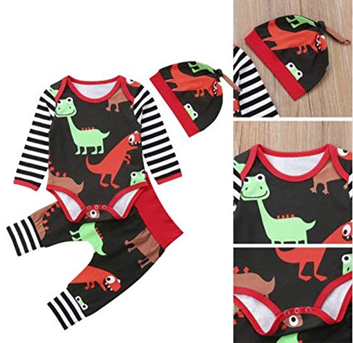 stylesilove Baby Toddler Boy Funny Colorful Dinosaur Long Sleeve Romper with Pants and Hat 3 pcs Cotton Outfits