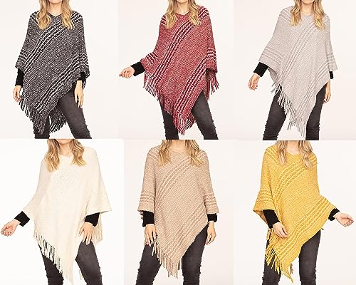 stylesilove Autumn Winter Women Stripe Knitted V-Neck Fringe Poncho Pullover Sweater Lightweight Cape Cozy Wrap Tassel Shawl