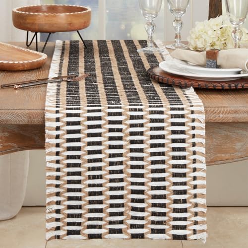 Fennco Styles Black & Natural Woven Stitch Table Runner 14" W X 72" L - Jute Blend Rustic Table Cover for Home Décor, Dining Table, Banquets, Holidays and Special Events