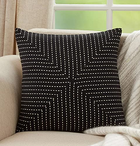 Fennco Styles Stitched Patchwork Cotton Decorative Throw Pillow 18" W x 18" L - Black Square Cushion for Home, Couch, Office, Bedroom and Living Room Décor