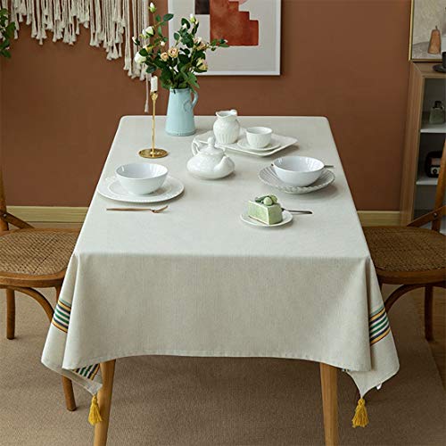 Fennco Styles Classic Striped Tassel Woven Tablecloth 55" W x 55" L - Ivory Table Cover for Banquets, Holiday, Special Events, Home, Dining Room Décor and Everyday Use