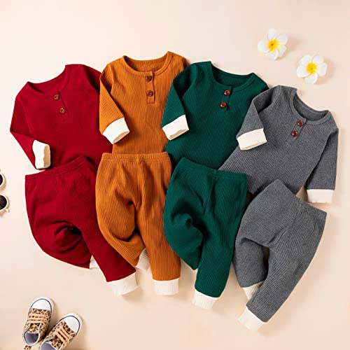 stylesilove Baby Boys Girls Solid Long Sleeve Henley Top & Pants 2pcs Set Unisex Toddler Ribbed Cotton Outfit
