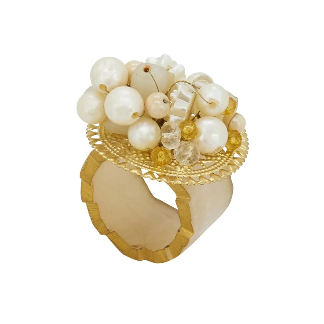 Fennco Styles Beaded Radiance Resin Napkin Rings, Set of 4 - Ivory Elegant Napkin Holders for Home, Dining Table, Banquets Décor, Weddings and Special Occasions