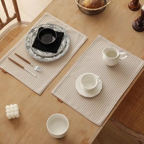 Fennco Styles Striped Two-Side Use Reversible Placemats 13" W X 19" L, Set of 4 - Ivory Woven Table Mats for Home, Dining Table, Banquets, Holidays and Special Occasions